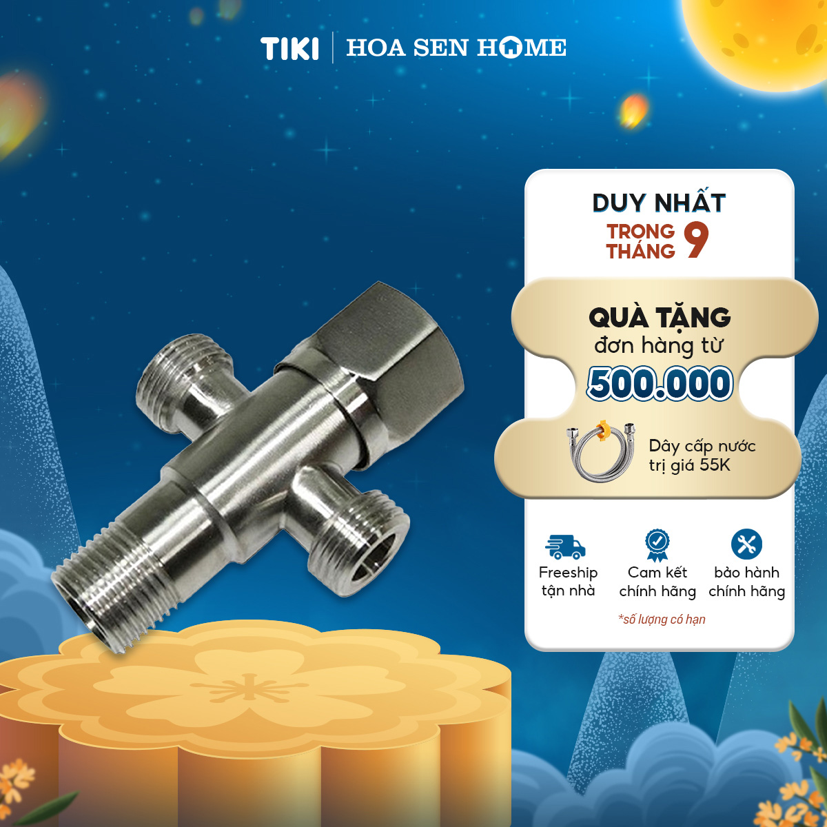 Van góc chữ T 304 TUSLO COCVT0001 1 đầu cấp nước và 2 nhánh cấp ra, có khóa, inox 304 không gỉ sét - Hoa Sen Home - Hàng chính hãng