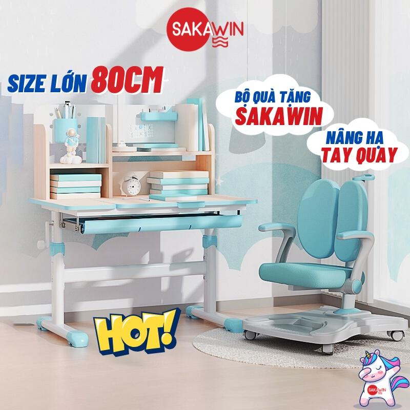 Bộ bàn học cho bé Sakawin S80 và Ghế G90 mới nhất, Bàn học sinh có giá sách Nâng hạ tay quay, Giá Nhập