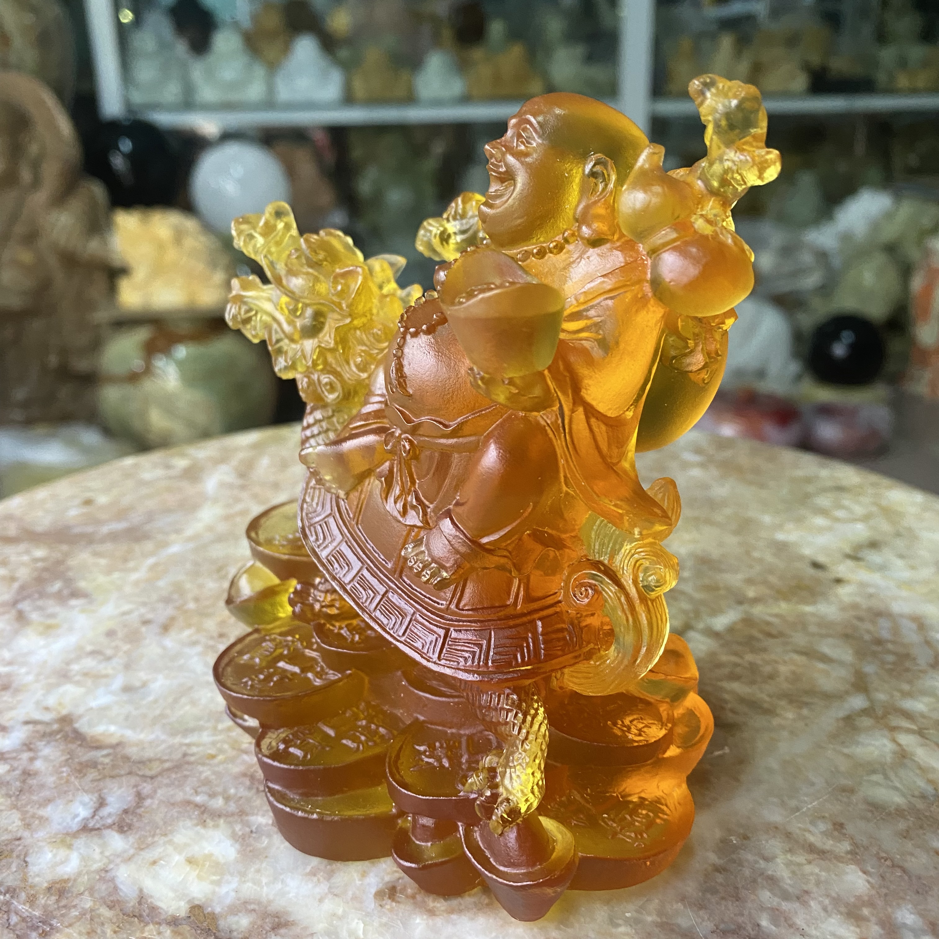 Tượng Cụ Di Lặc Cưỡi Long Quy Lưu Ly - cao 11.5cm, ngang 11.5cm