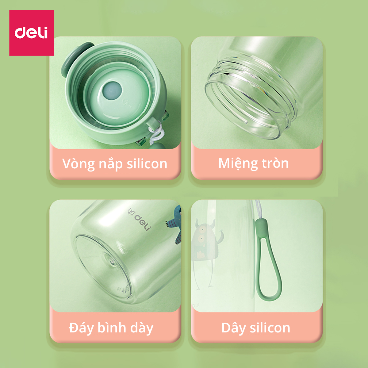 Bình Nước Bằng Nhựa Tritan Nắp Bật 480 600 ml Có Chia Vạch Nước Họa Tiết Dễ Thương Deli - BPA Free An Toàn Cho Sức Khỏe - Phù Hợp Bình Nước Thể Thao Cho Bé Tới Trường - 17661 17662