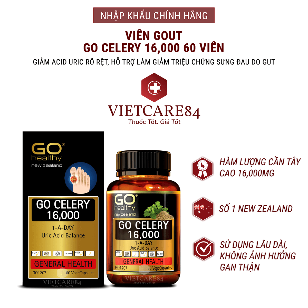 Viên gout nhập khẩu chính hãng New Zealand GO CELERY 16000mg (60 viên) giúp giảm các triệu chứng bệnh gút: giảm uric acid, làm giảm triệu chứng sưng đau do gut