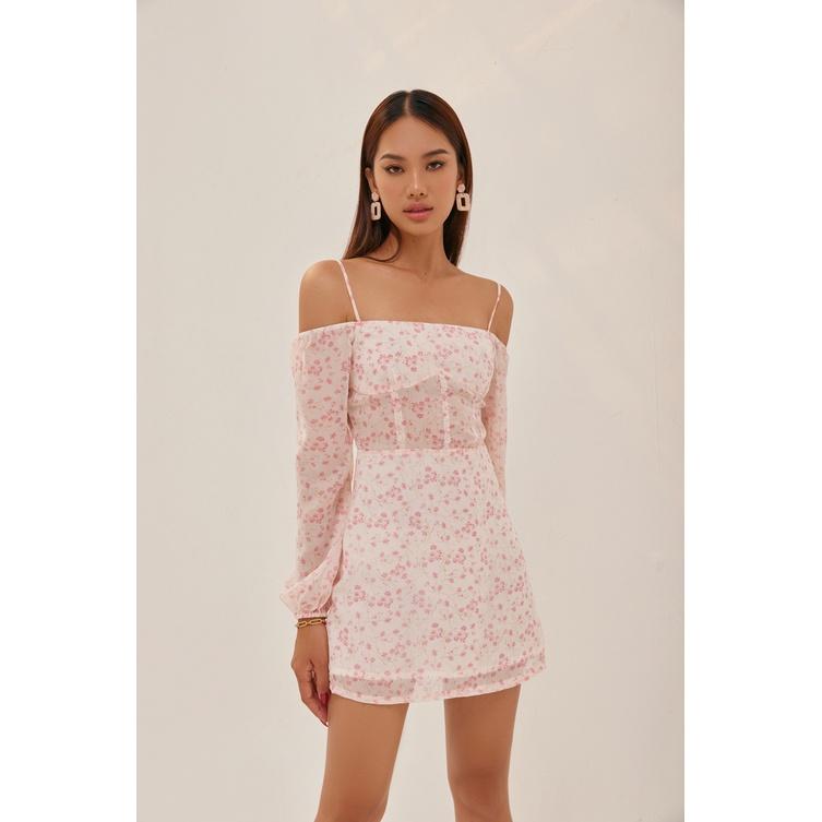 Nene Clothing - Đầm hoa hồng tay dài hở vai