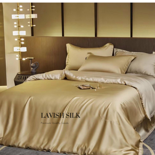 Trọn Bộ Ga Gối Lụa Kèm Chăn Sẵn Ruột + Tặng Bộ Quà Tặng Lavish Silk Cao Cấp - Vàng Đồng Mix Bạc Kim