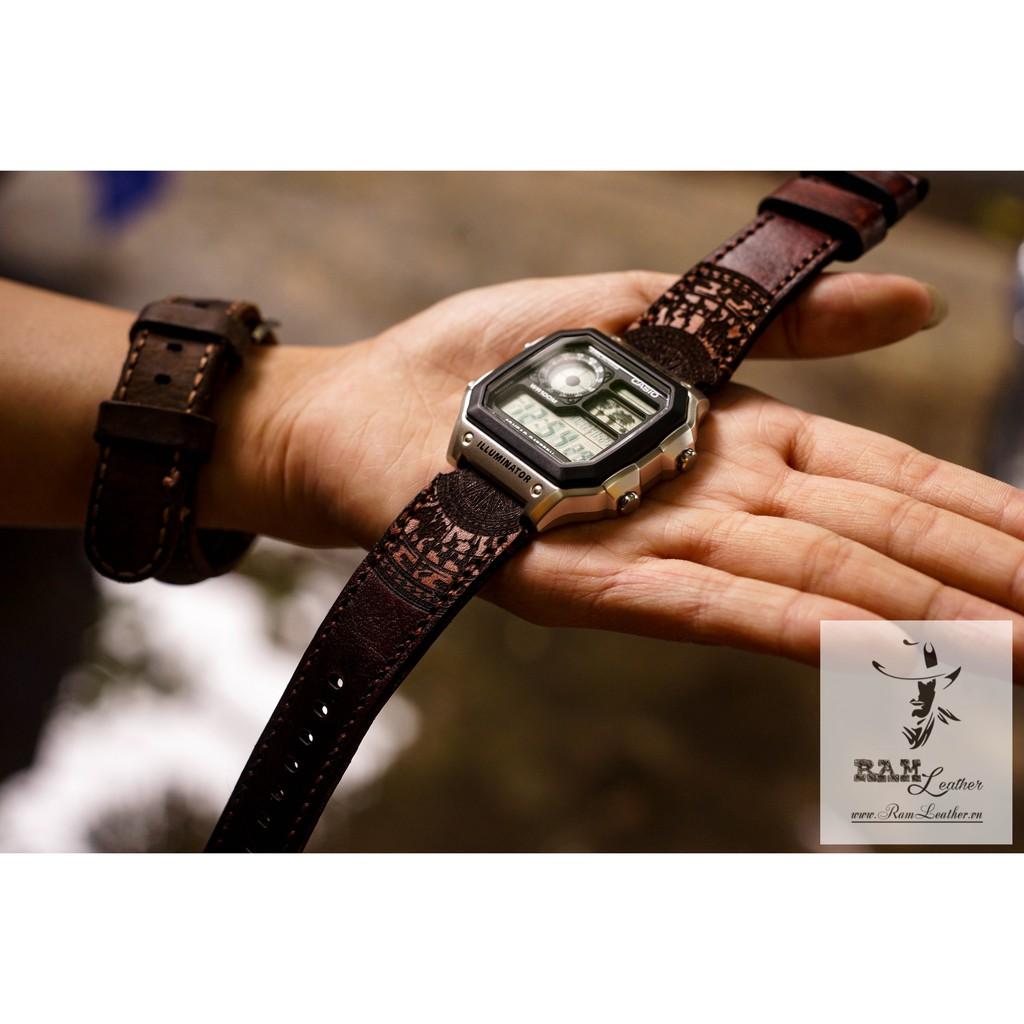 DÂY ĐỒNG HỒ TRỐNG ĐỒNG CASIO AE1200/SEIKO5 CHOCOLA DA BÒ THẬT