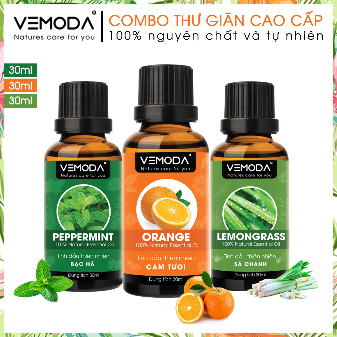 Tinh dầu xông phòng, thư giãn cao cấp gồm 3 chai tinh dầu nguyên chất: tinh dầu Sả chanh + tinh dầu Bạc hà + tinh dầu Cam tươi Vemoda