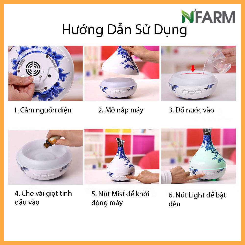 Combo máy khuếch tán, máy xông tinh dầu N'Farm Phú Quý NF2071+ tinh dầu sả chanh N'Farm 10ml. Phun sương sóng siêu âm.