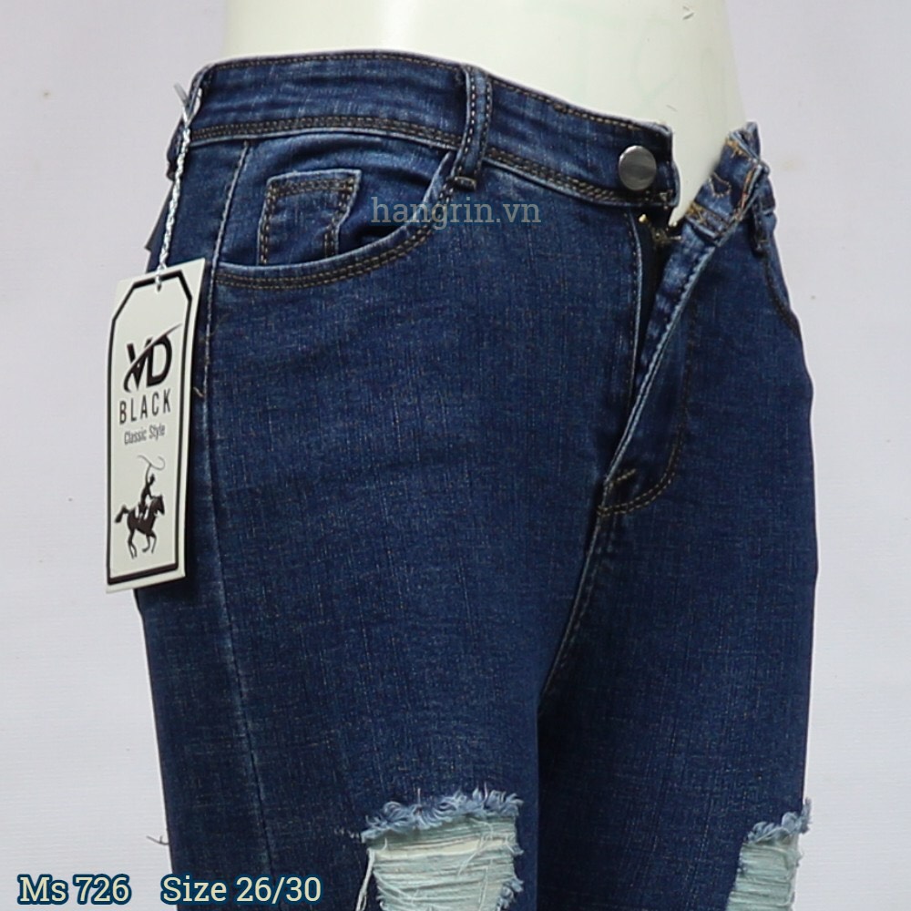 Quần Jean Nữ Lưng Cao Rách Màu Xanh Đậm Size 26-30 HR726