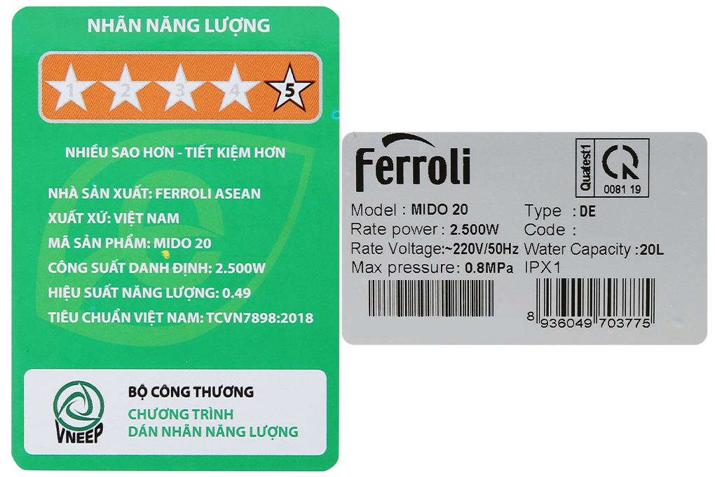 Máy nước nóng gián tiếp Ferroli 20 lít 2500W MIDO-DE - Hàng chính hãng