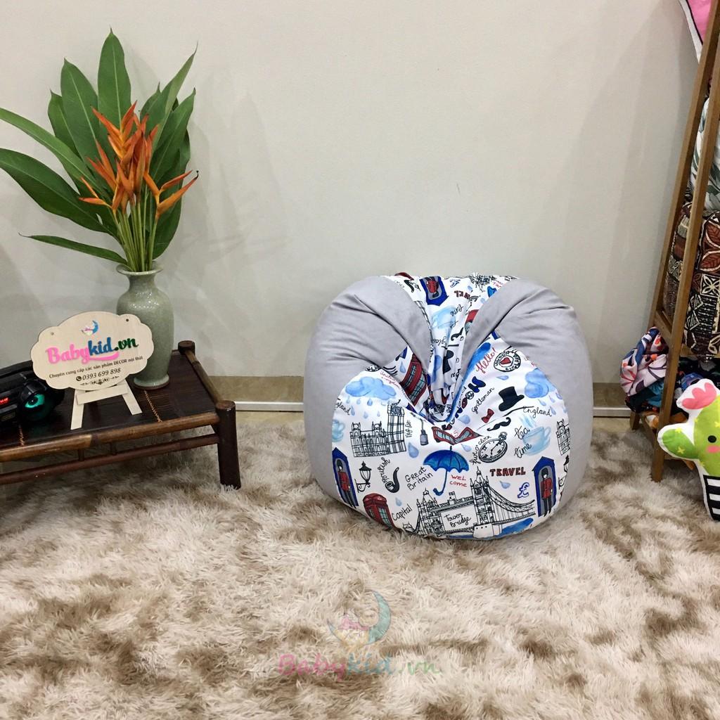 Ghế lười dáng lê size M 80x100cm, có xốp, hình london 2 lớp vỏ lót , vải thô hàn mix màu