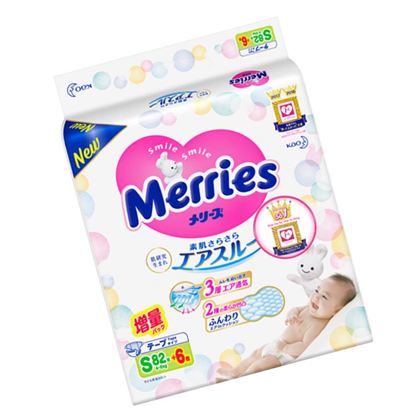 Tã/bỉm dán Merries size S - 82 + 6 miếng (Cho bé 4-8kg)