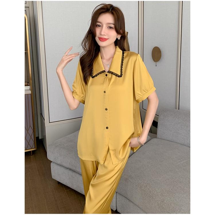 Pijama Nữ - Bộ Ngủ Áo Ngắn Quần Dài Vải Lụa Cao Cấp Màu Trơn Cổ Áo Cách Điệu Viền Ren Đẹp CDLP10