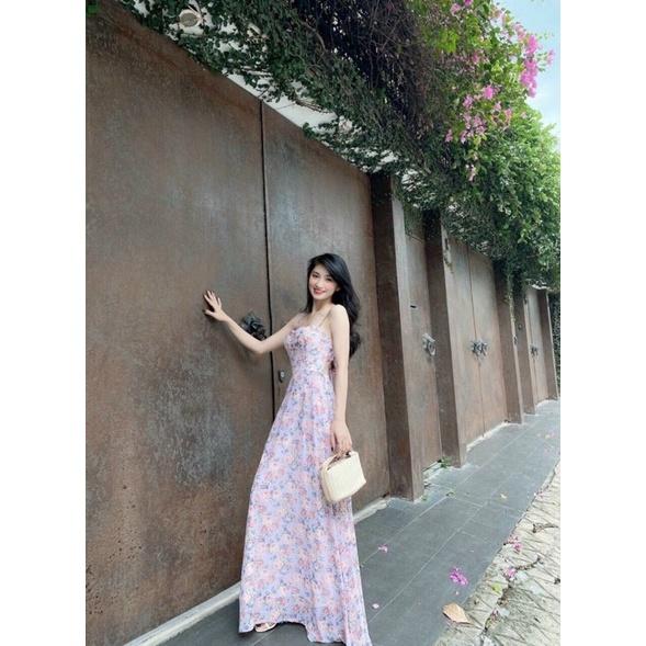 Đầm maxi cột nơ lưng đi biển xinh yêu chất voan hoa có lót và sẵn bra ngực TRIPBLE T DRESS - size M/L - MT1