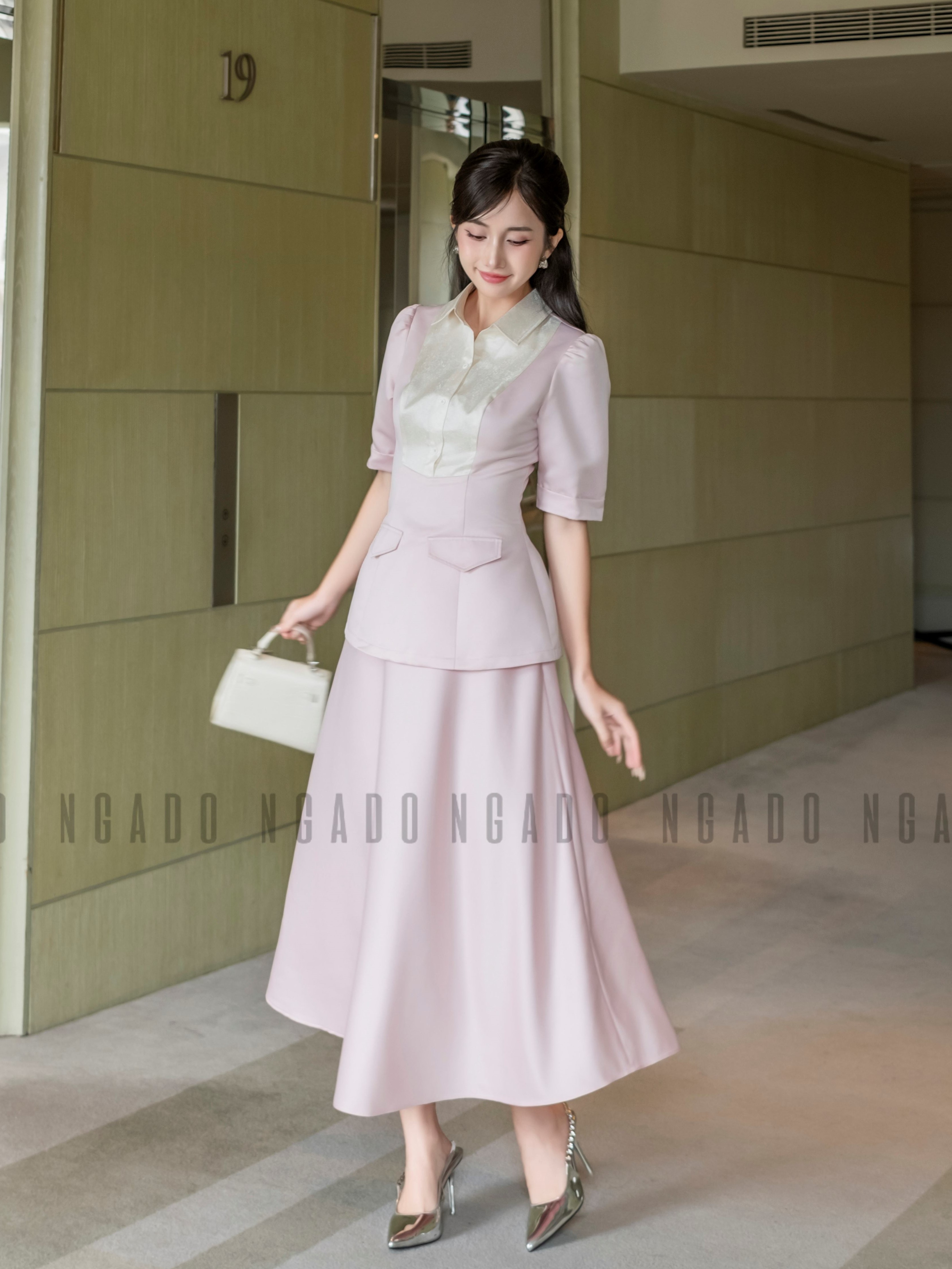 Set áo váy hồng cổ phối trắng NGADO , set áo kèm chân váy xòe , set váy công dở , dự tiệc