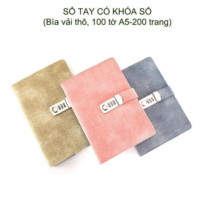 Sổ tay trang bị khóa số với bìa cứng bọc vải thô, khổ A5-100 tờ (200 trang)