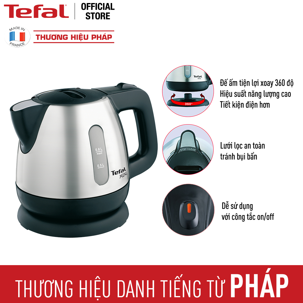 Bình đun siêu tốc Tefal BI81252A - 0.8L - Chất liệu inox không rỉ - Tự động ngắt điện khi nước sôi - Hàng chính hãng