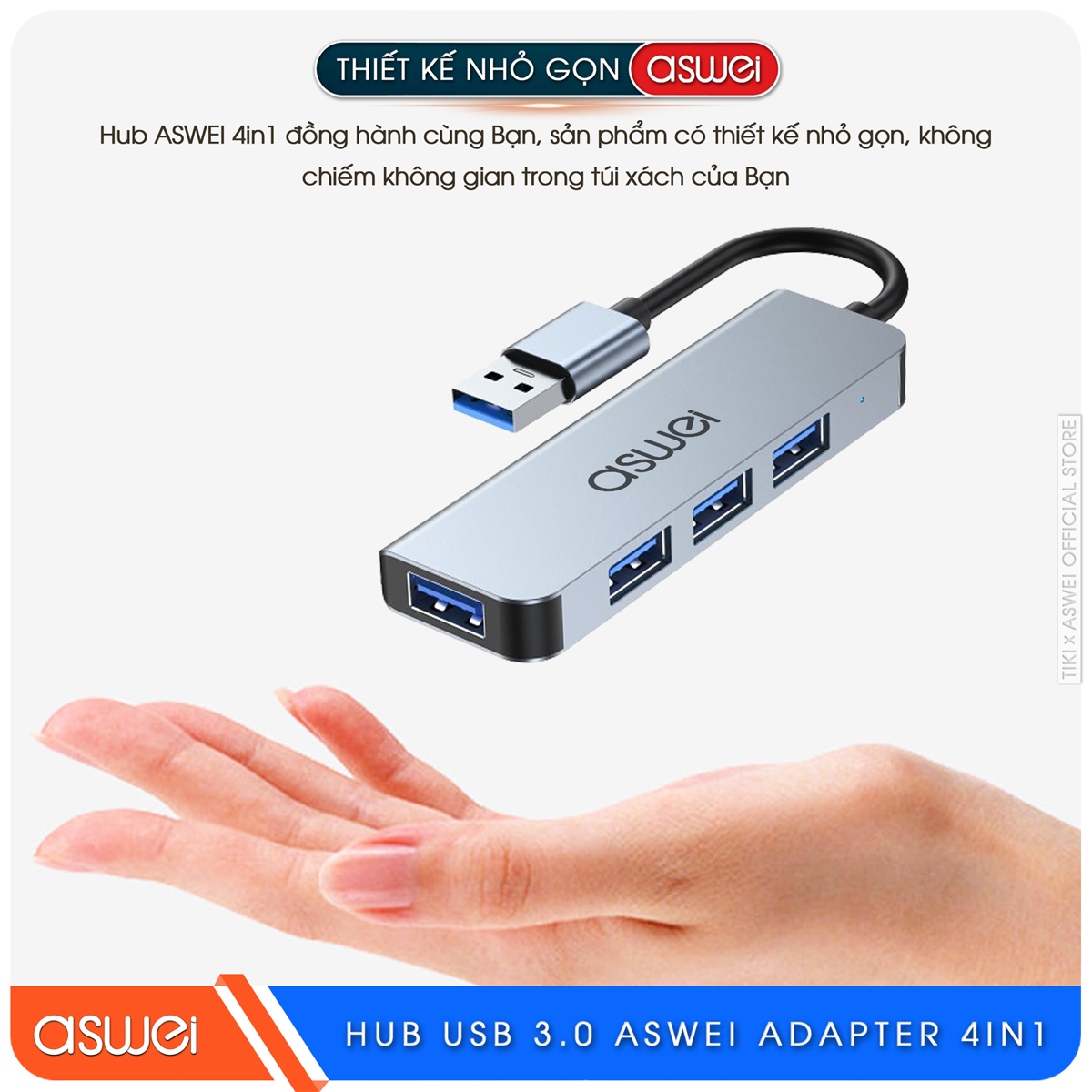 Hub Chuyển Đổi USB Type C ASWEI 4 in 1 - 4 Cổng USB 3.0 Tốc Độ Cao - Hàng Chính Hãng