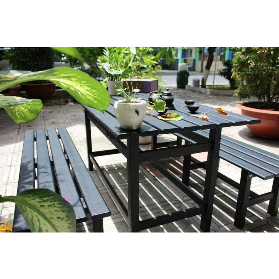 Bộ bàn ghế nhôm sân vườn, ngoài trời, dài 150cm, màu đen nhám
