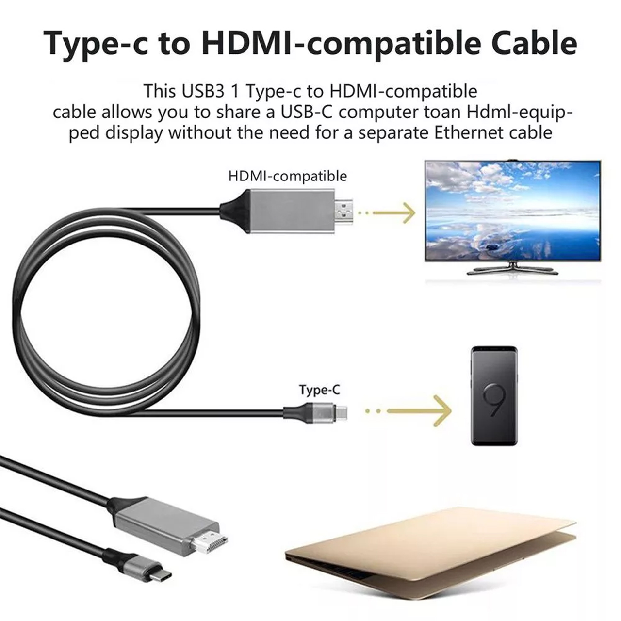 Cáp chuyển usb Type-c ra HDMI dài 1m8 cho Macbook, Surface, Dell, Samsung