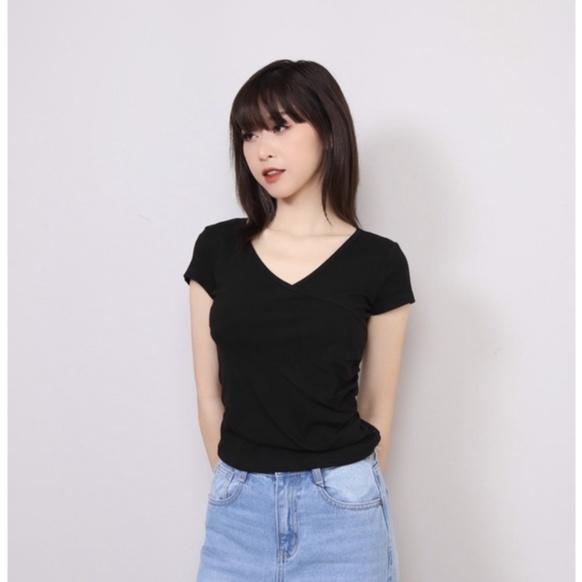 Áo Thun Nữ Cổ Chéo Nhún Eo Thời Trang, Áo Phông Nữ Cổ Tim Rúm Eo CT Women