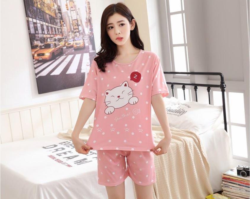 Bộ cotton mặc nhà hình mèo cộc tay Vaperla