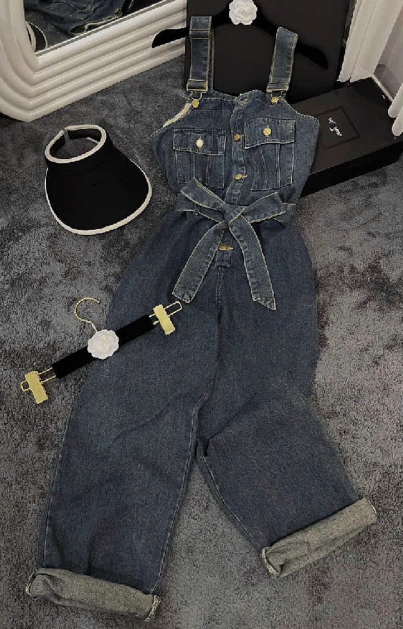 Quần yếm jeans nữ ống suông rộng 2 túi cột nơ, quần yếm xanh jean dài dáng rộng phong cách Hàn Quốc