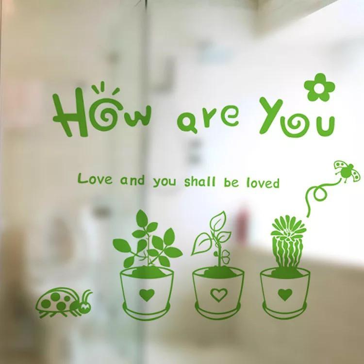Decal trang trí kính cao cấp mẫu 3 chậu hoa HOW ARE YOU