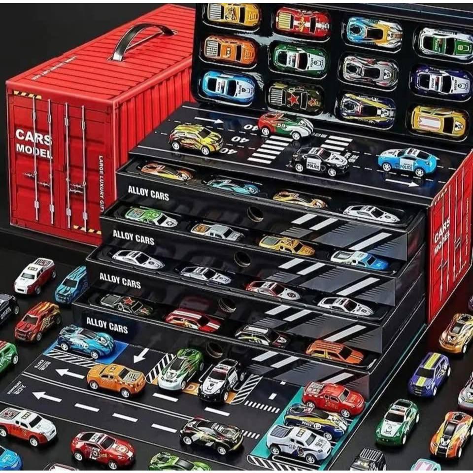 Mô Hình 30 và 48 Xe Thể Thao Bằng Hợp Kim Chạy Đà Đường Đua Hộp Đựng Hình Thùng Container