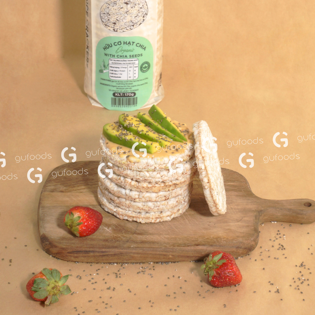 Bánh gạo lứt ăn kiêng hữu cơ hạt chia GUfoods - Hạt chia organic, Không đường, Thuần chay