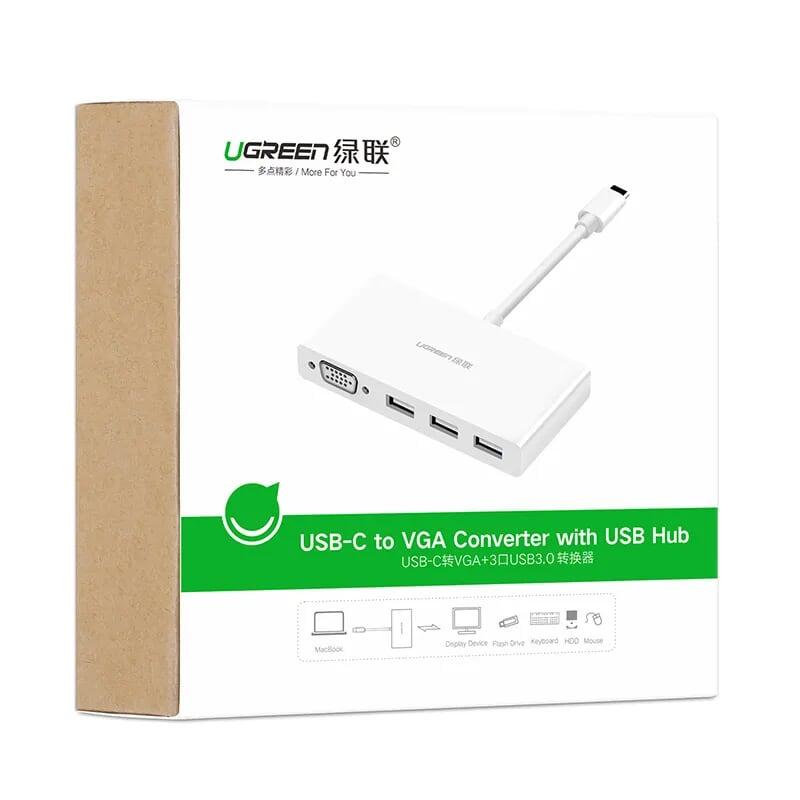 Ugreen UG40375MM133TK 15CM màu Trắng Bộ chuyển đổi TYPE C sang 3 USB 3.0 + VGA bọc nhựa ABS - HÀNG CHÍNH HÃNG