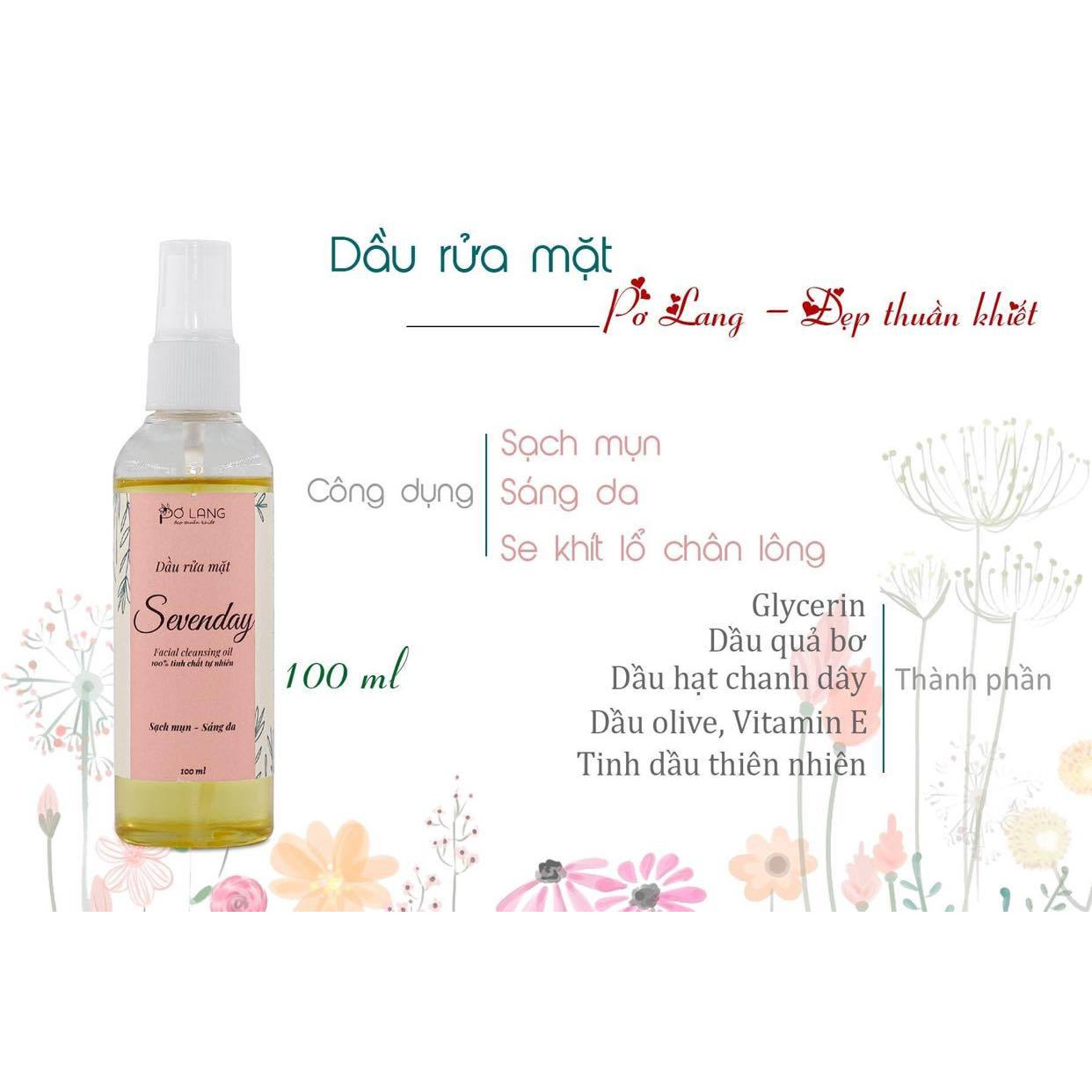 Dầu Rửa Mặt Pơ Lang (Chai 100ml) - Làm Sạch Sâu, Ngăn Ngừa Mụn, Dưỡng Mềm Da