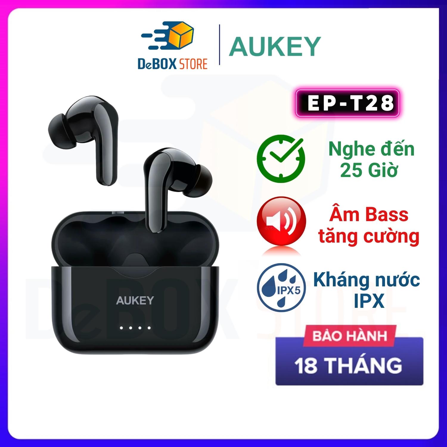 Tai Nghe Bluetooth Không Dây AUKEY EP-T28 , BT 5.0, Nghe 25H, Cảm Ứng, Chống Nước IPX5, Độc Lập 2 Tai - Hàng Chính Hãng