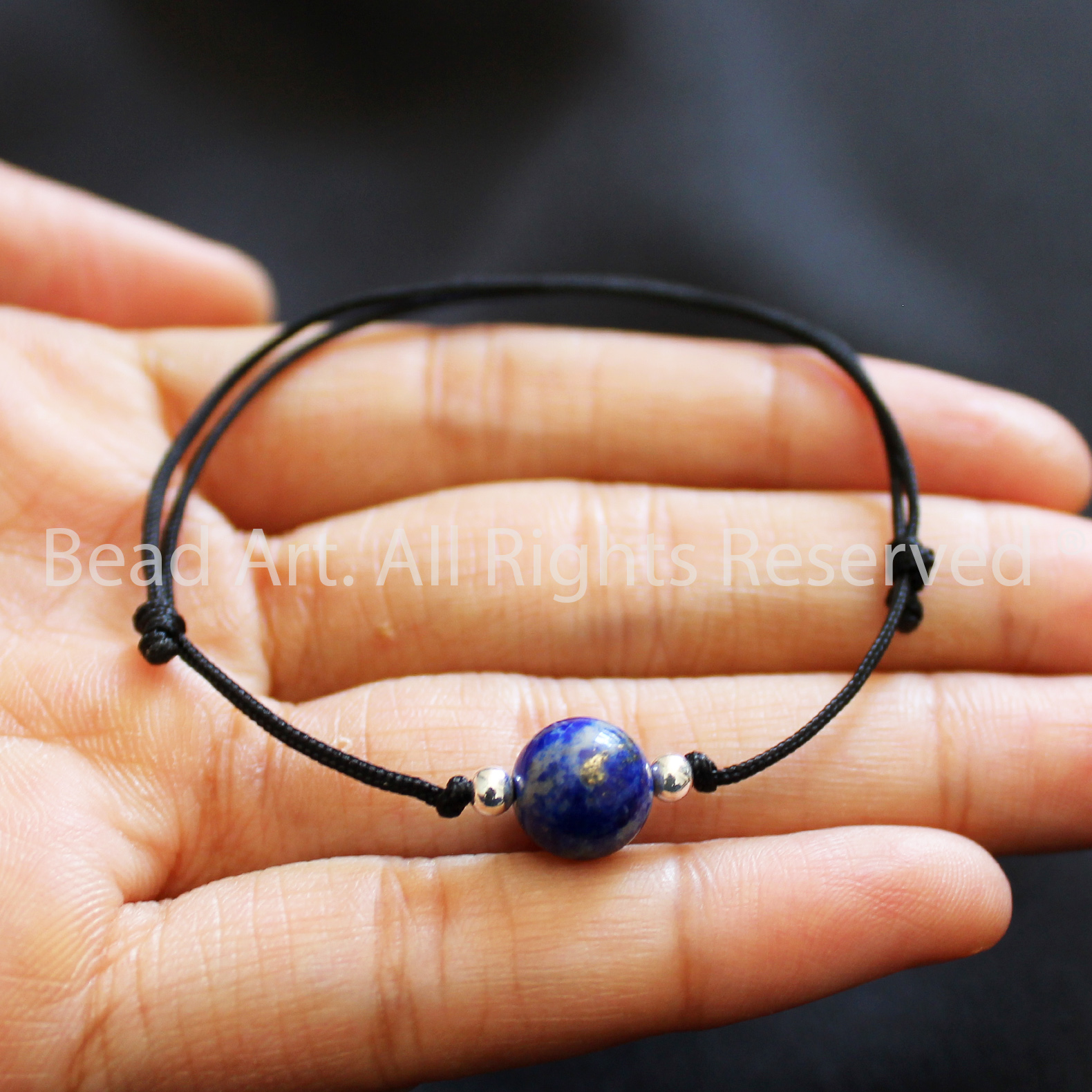 Vòng Tay Thắt Dây Đá Lapis Lazuli Xanh Dương 8MM Tự Nhiên Và Bạc 925, Vòng Tay Phong Thuỷ, Chuỗi Hạt, Mệnh Thủy, Mộc - Bead Art