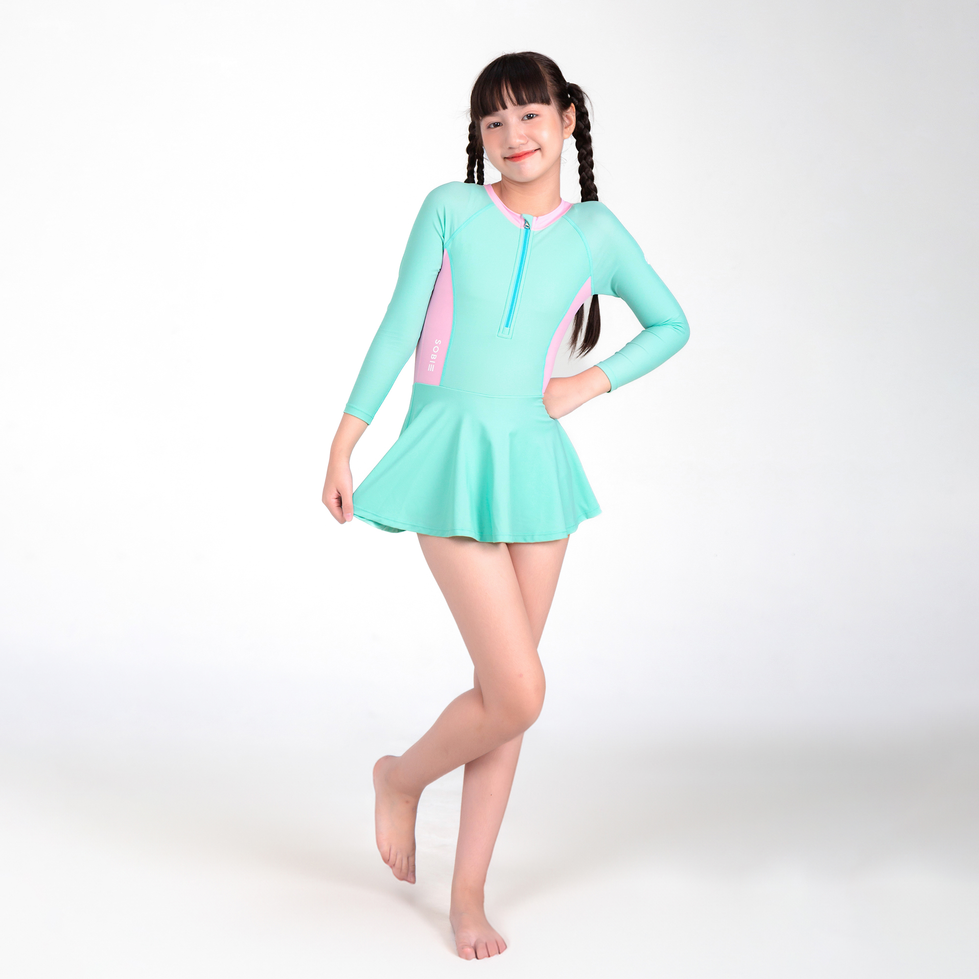 Đồ bơi bé gái liền thân váy Xanh dễ thương SOBIE