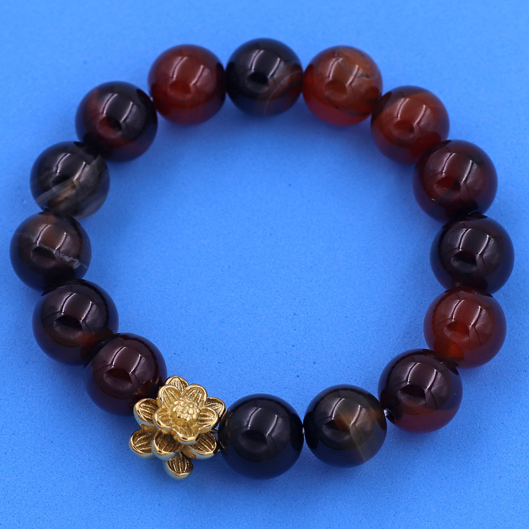 Vòng chuỗi đeo tay đá thạch anh nâu 12 ly charm hoa sen inox vàng, vòng chuỗi phong thuỷ, bông sen inox, vòng chuỗi hạt, vòng chuỗi tay charm bông sen inox