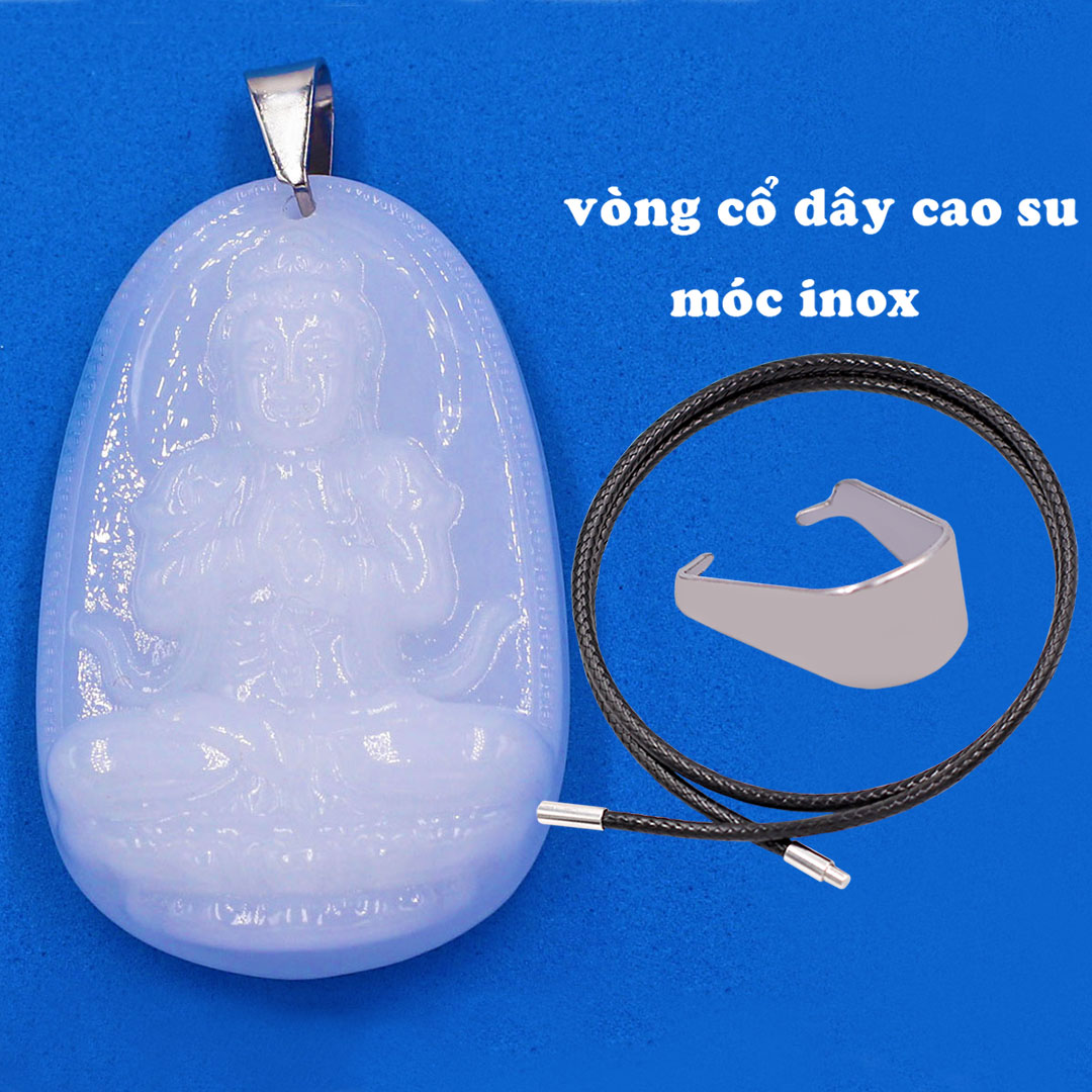 Mặt Phật Đại nhật như lai đá thạch anh trắng 5 cm kèm móc và vòng cổ dây cao su, Mặt Phật bản mệnh size L, mặt dây chuyền Phật