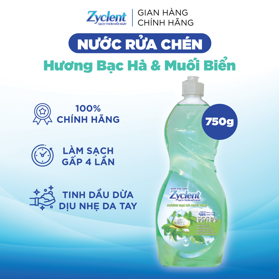 NƯỚC RỬA CHÉN ZYCLENT EXTRA HƯƠNG BẠC HÀ, MUỐI BIỂN - 750G