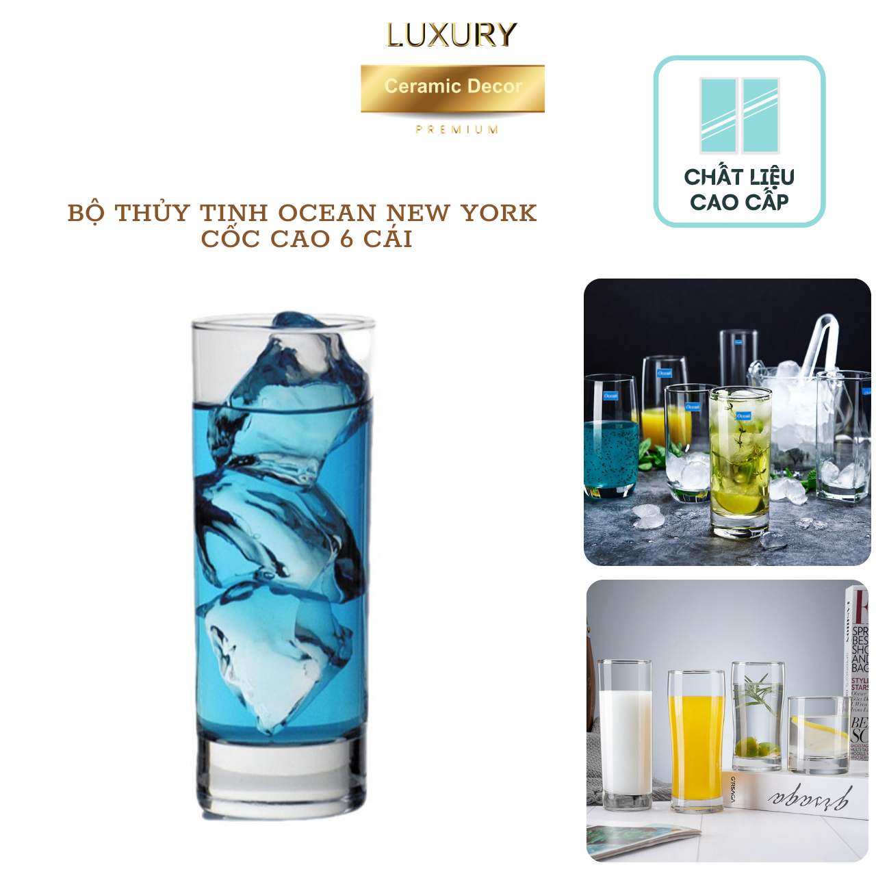 Bộ Ly Thủy Tinh OCEAN Thân Cao, Dày Combo 6 Cái 320 ML DECOR LUXURY - Hàng Nhập Khẩu