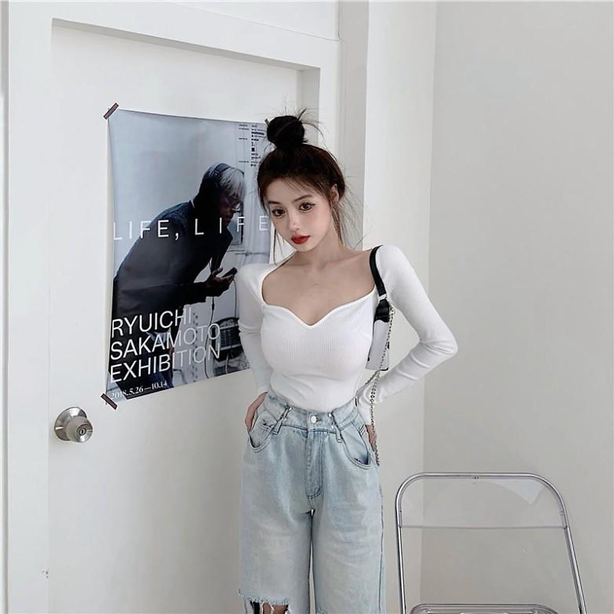 Áo Thun Dệt Kim Tay Dài Cổ Vuông Màu Trơn Phong Cách Vintage, Áo Thun Nữ Thời Trang Công Sở Đơn Giản