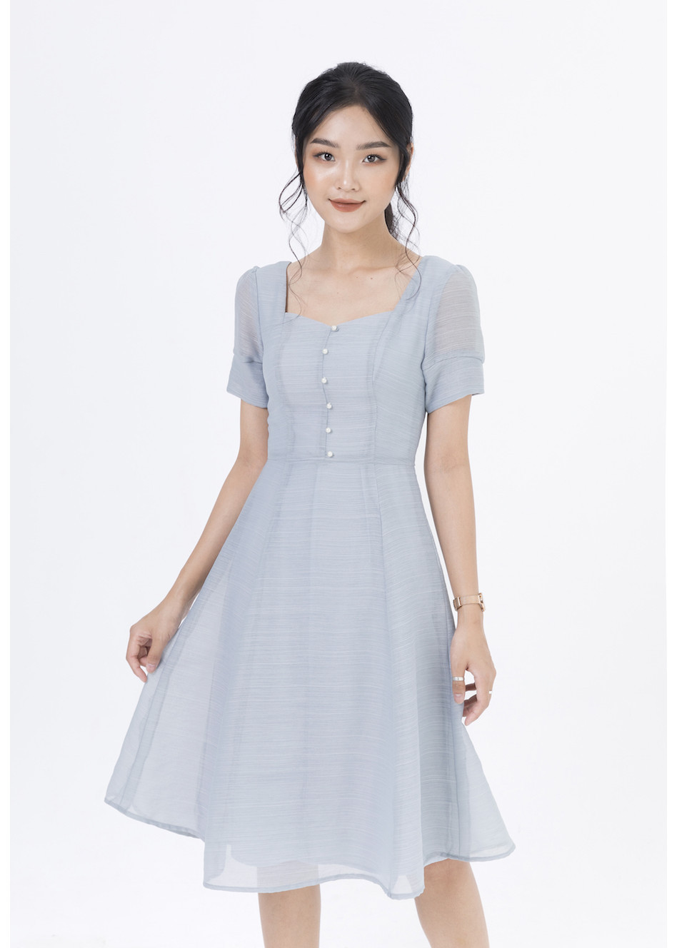 De Leah - Đầm Xoè Cổ Vuông Tay Bồng - Xanh dương