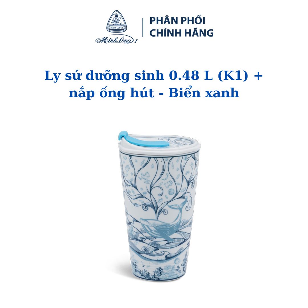 Ly sứ dưỡng sinh 0.48 L + nắp ống hút - Biển xanh - Gốm sứ Minh Long cao cấp