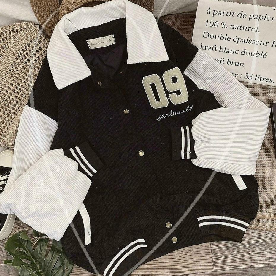 Áo khoác Bomber Jacket Nhung 2 lớp hình thêu chữ 09 unisex nam nữ