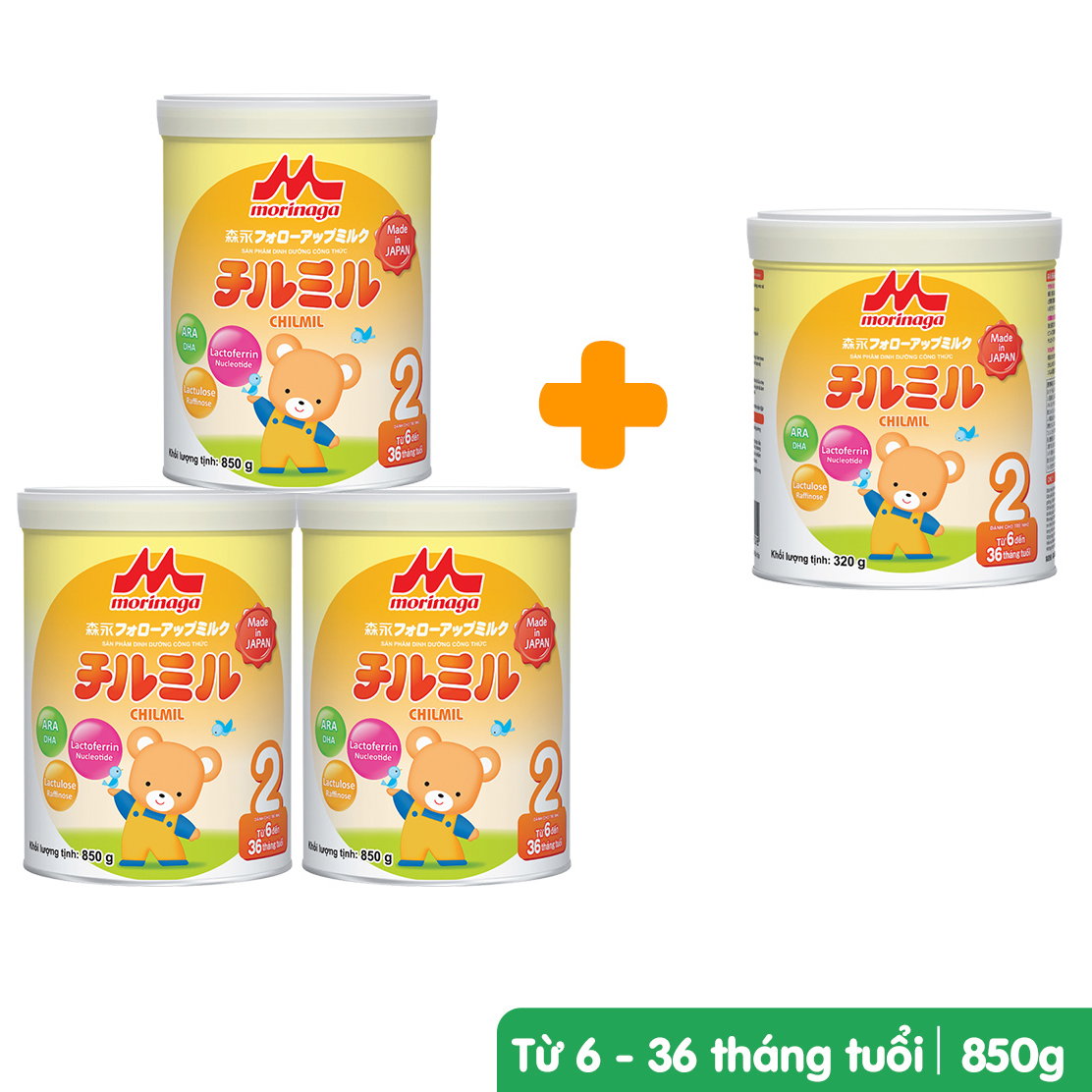 Hình ảnh Combo 3 lon Sữa Morinaga số 2 Chilmil 850g và 1 lon sữa Morinaga số 2 320gr dành cho bé từ 6-36 tháng tuổi