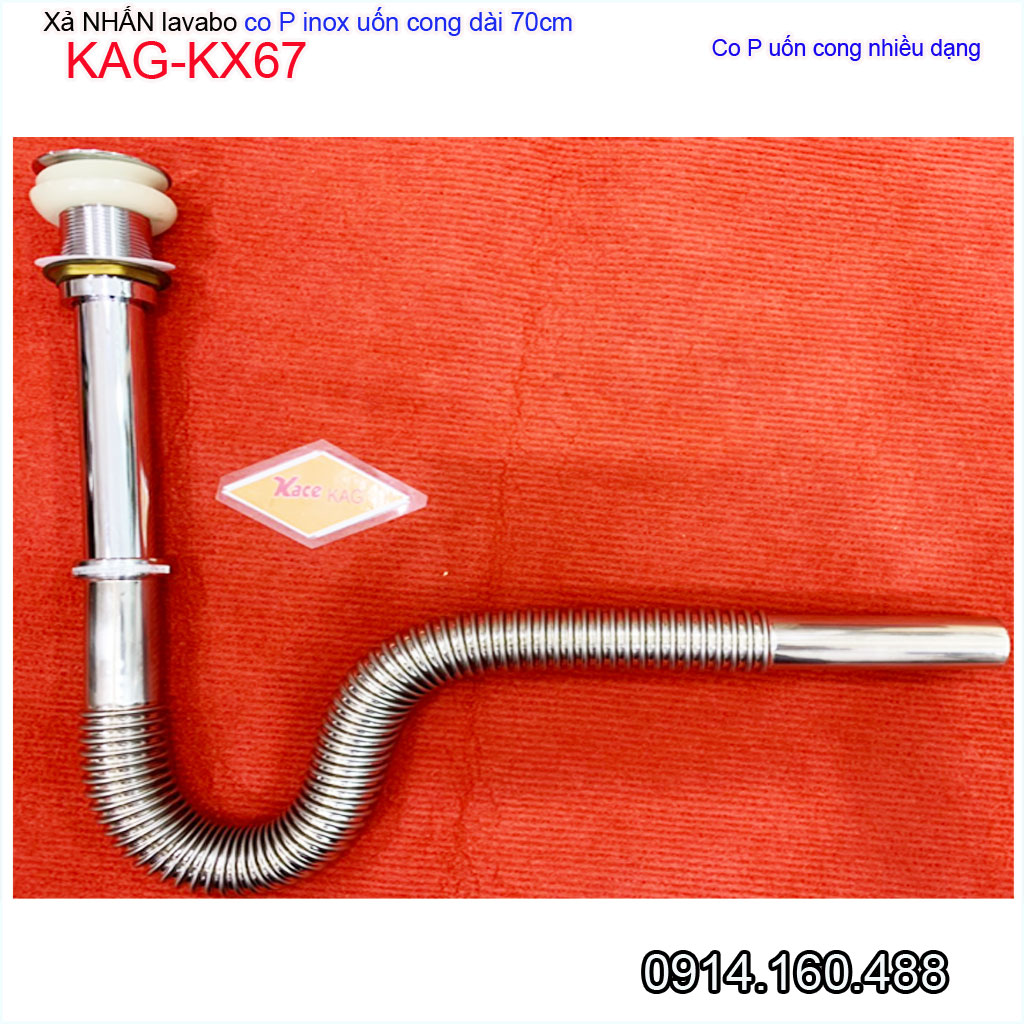 Bộ xả nước chậu rửa mặt KAG-KX67, Xả lavabo ấn tay ống thải co P inox mềm có thể uốn bẻ lắp 100% lavabo treo tường