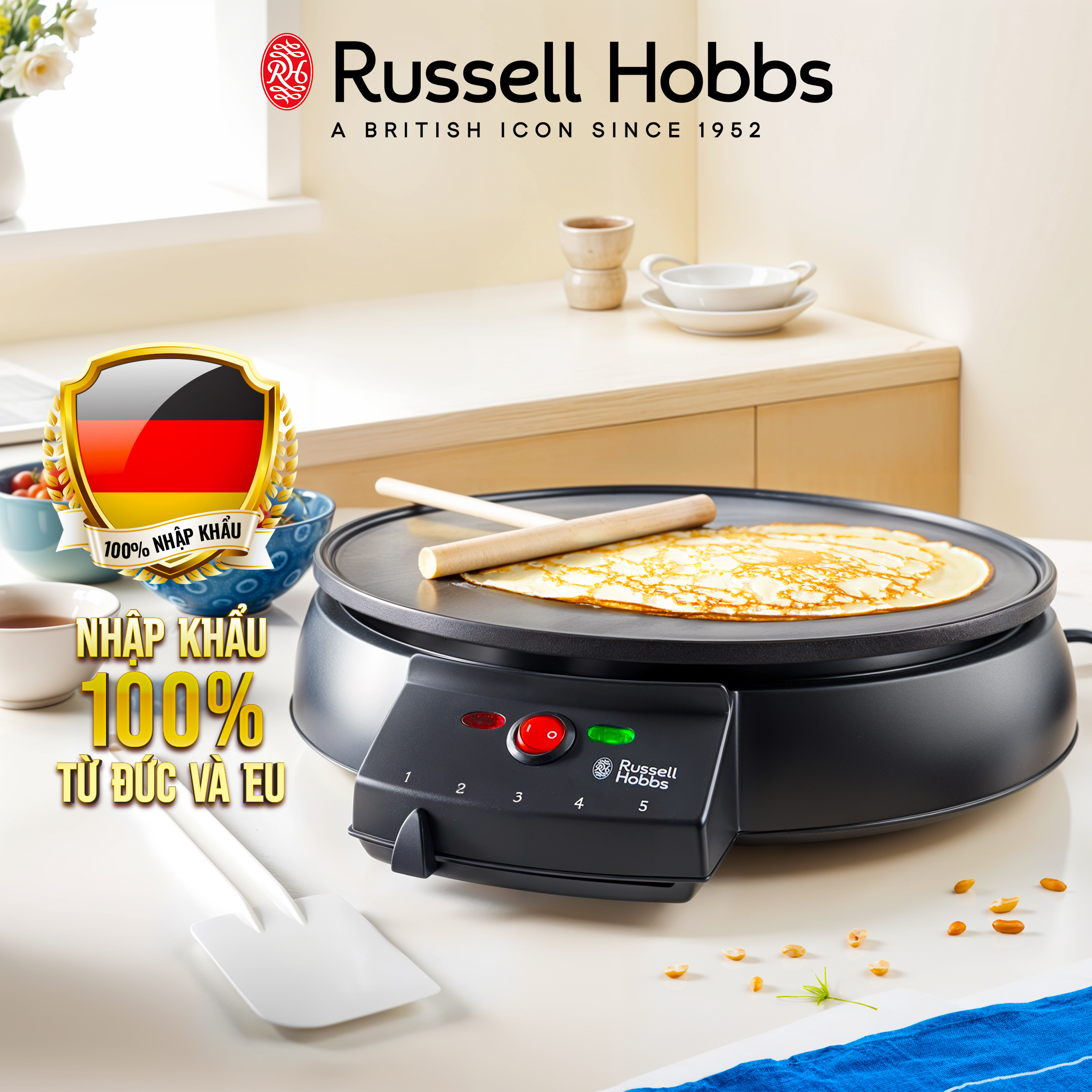 Máy làm bánh crepe, pancake điện Russell Hobbs, chống dính, điều chỉnh nhiệt độ, đèn báo hiệu - Hàng Chính Hãng Nhập khẩu Đức & EU