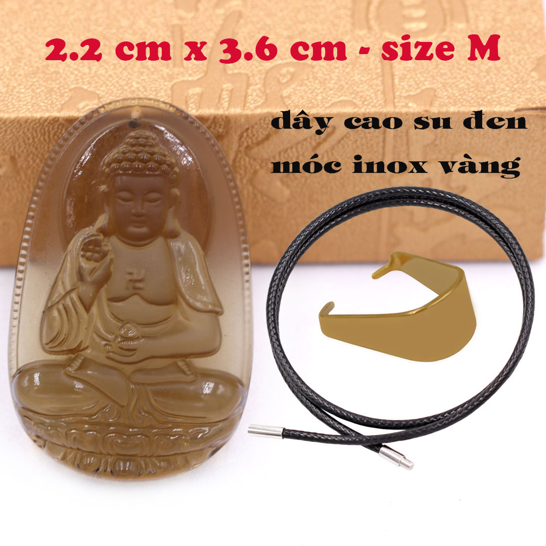 Mặt Phật A di đà đá obsidian  3.6 cm kèm vòng cổ dây cao su đen - mặt dây chuyền size M, Mặt Phật bản mệnh
