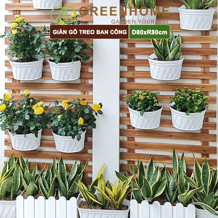 Giàn gỗ treo ban công, Greenhome, R80xC80cm, gỗ tràm siêu bền, màu gỗ, làm khung hoa hồng leo, bông giấy