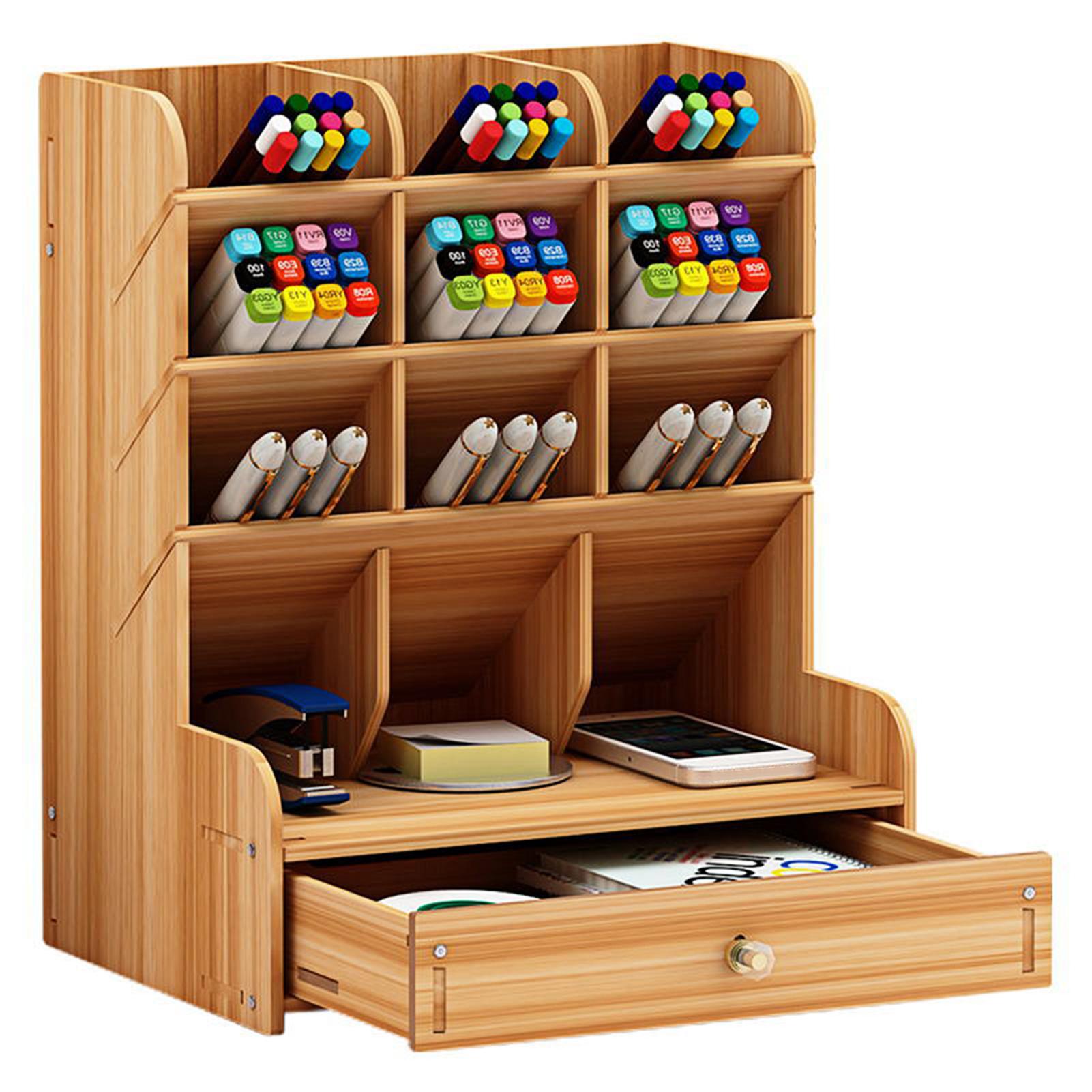 Hộp đựng bút đa chức năng bằng gỗ để bàn với 12 ngăn và 1 ngăn kéo 