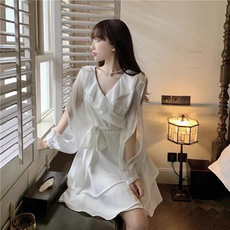 Đầm voan cổ bèo thắt nơ eo nữ tính mẫu 2021