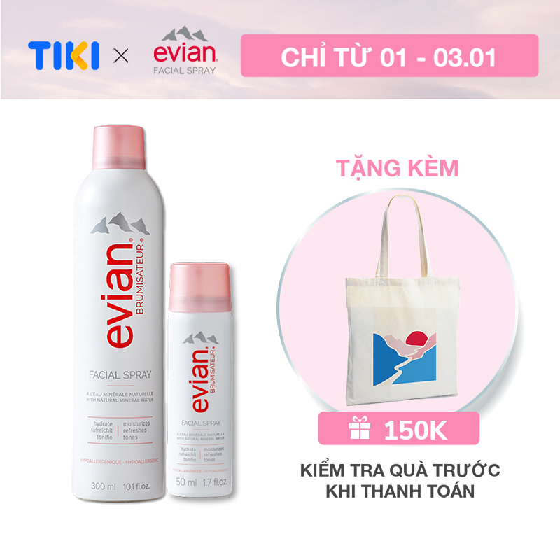 Combo 2 xịt khoáng cấp ẩm và làm dịu da Evian 300ml + 50