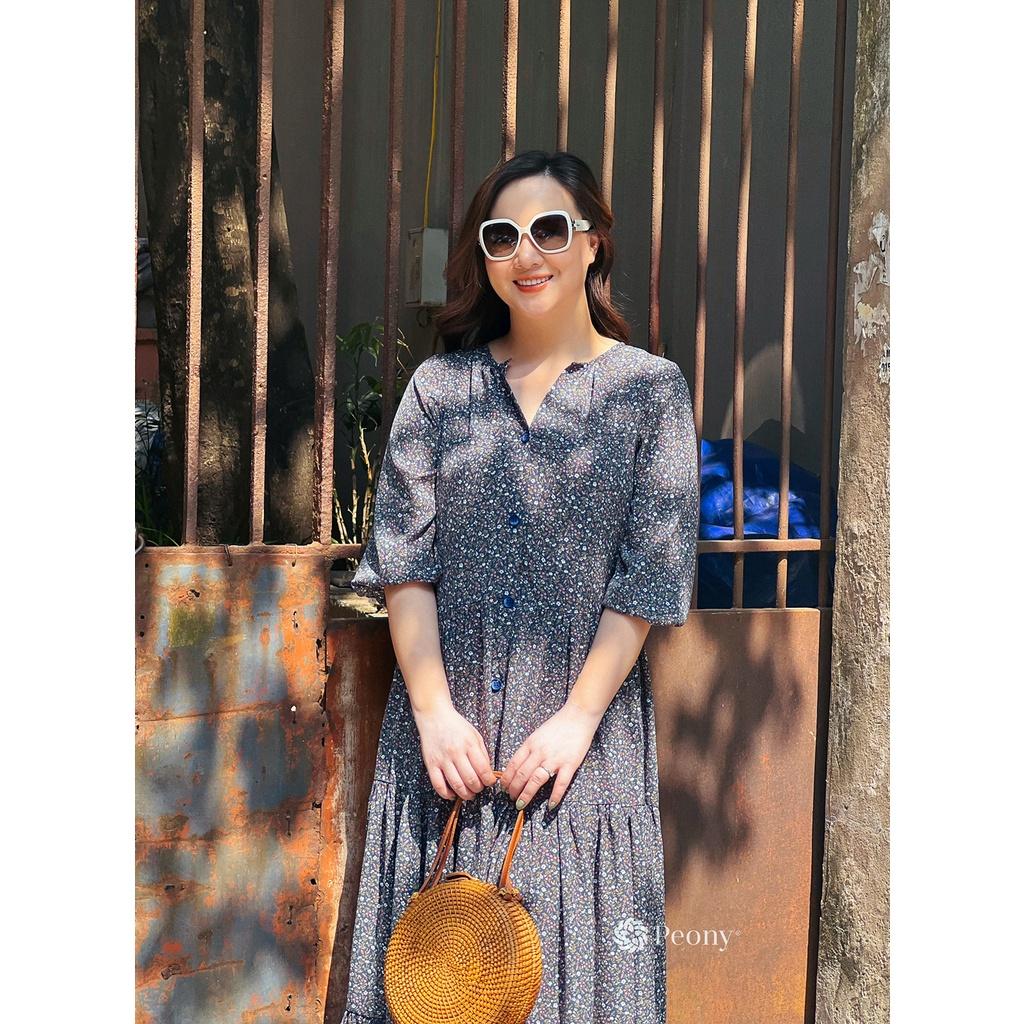 Váy suông, 3 tầng hoa nhí vintage, tay lỡ thoải mái, có dây buộc sau tạo eo, chất liệu lụa cao cấp Peony - STELLA DRESS